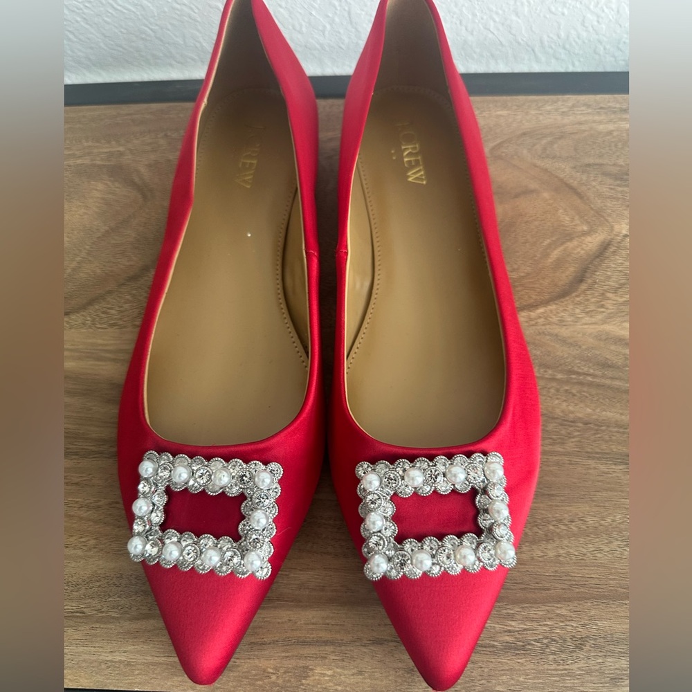J. Crew Red Satin Pointed Toe Flats with Crystal Pearl Buckle